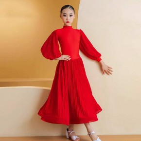 Girls kids red ballroom dance dresses for children high neck lantern sleeves ballroom tango waltz dance long dress competition modern dance costumes 